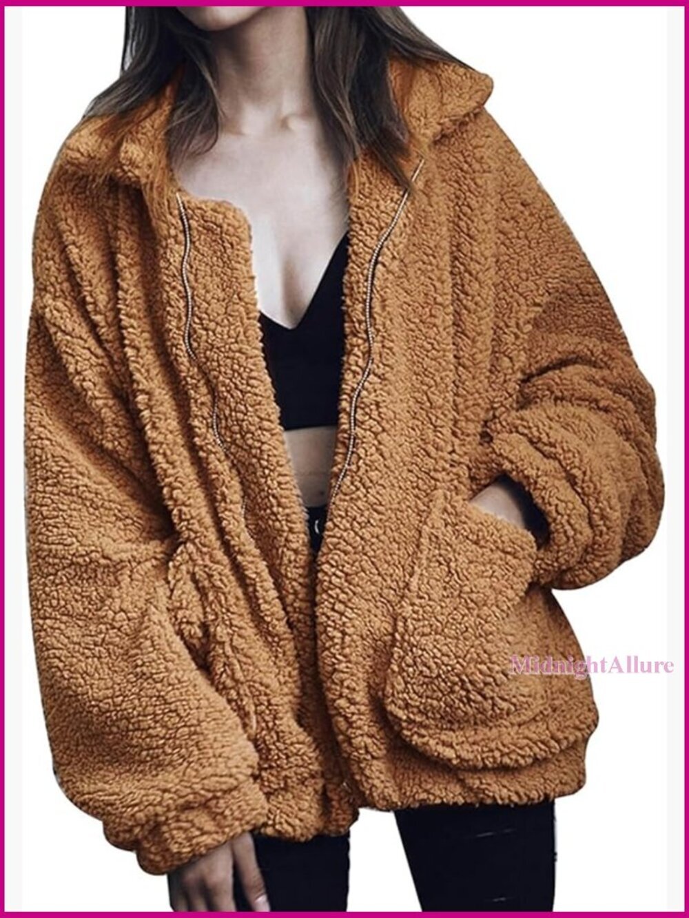 Oversized Faux Fur Jacket, Zip Up Shacket, Warm Winter Coat for Women